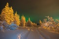 Winter night landscape with forest, cloudy sky and aurora borealis over the taiga Royalty Free Stock Photo