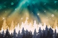 Winter night landscape-forest panorama with blue- green-white christmas trees, northern lights, aurora, snow, snowflakes Royalty Free Stock Photo