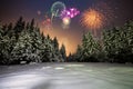 Winter night landscape with forest, pink polar light and fireworks over the taiga. New Year card with forest