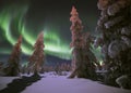 Winter night landscape with forest and polar northern lights Royalty Free Stock Photo