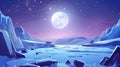 Winter night landscape with full moon in sky. Cartoon dark arctic illustration with frozen water and ice arch. Freeze Royalty Free Stock Photo