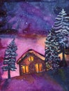 Winter night landscape. Hand drawn watercolor post card or decorative poster. Pink and violet northern lights. Snowy forest. Brown Royalty Free Stock Photo