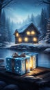 Winter night landscape with house and gift boxes on wooden pier. Christmas greeting card. Royalty Free Stock Photo