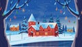 Winter night landscape with houses, Christmas tree and frozen lake. Vector drawing illustration in flat cartoon style. Horizontal Royalty Free Stock Photo