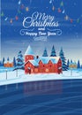 Winter night landscape with houses, Christmas tree and frozen lake. Vector drawing illustration in flat cartoon style. Vertical Royalty Free Stock Photo