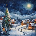 Winter night landscape illustration: Christmas trees and houses, falling snow. Xmas tree as a symbol of Christmas of the birth of Royalty Free Stock Photo