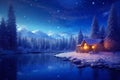 Winter night landscape illustration with a warm cabin by the lake and snow covered mountains under a snowfall Royalty Free Stock Photo