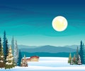 Winter night landscape - mountains, house, forest and full moon. Royalty Free Stock Photo