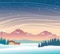 Winter night landscape - mountains, house, forest. Royalty Free Stock Photo