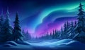 Winter night landscape, northern lights, aurora borealis, forest illustration Royalty Free Stock Photo