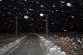 Winter night landscape with road in a field in the snow. The snowfall, blizzard and the dark sky Royalty Free Stock Photo