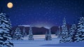 Winter night landscape with snow-covered pines, hills on horizon, blue starry sky, big full moon and snow-covered plains