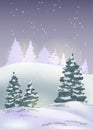 Winter night landscape with snow flakes, hills and fir trees. Holiday Christmas and New Year background Royalty Free Stock Photo