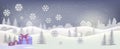 Winter night landscape with snow flakes, hills, trees and houses. Holiday Christmas background. Vector illustration Royalty Free Stock Photo