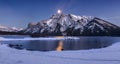 Winter Night Hiking Full Moon Reflected Lake Water Mountain Landscape Banff Rockies Canada Royalty Free Stock Photo