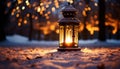 Winter night lantern flame illuminates snow covered tree generated by AI