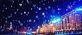 Winter night light Moscow Red square with snow. Christmas panorama Russia holidays GUM new year background bokeh Royalty Free Stock Photo