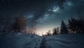 Winter night Milky Way astounds in forest generated by AI