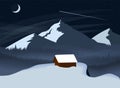 Winter night mountain landscape with a forest and a lonely house standing over a cliff. Simple flat vector illustration