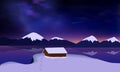 Winter night mountain landscape with a sky Milky Way, lake and a lonely house standing over a cliff. Simple flat illustration