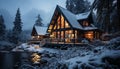 Winter night in nature snow covered forest, illuminated cottage, frosty landscape generated by AI