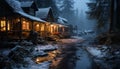 Winter night in nature snowy forest, dark mountains, illuminated cottage generated by AI