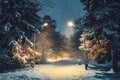 Night Winter park path with lanterns and trees covered with snow in heavy blizzard magical snowfal Royalty Free Stock Photo