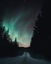 Winter night road with aurora Royalty Free Stock Photo