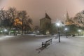 Heavy snowfall winter night at historic Old Town of Tallinn, Estonia Royalty Free Stock Photo