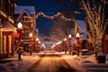 Winter night scene of a snowy street in a small town lined with Christmas decorated trees Royalty Free Stock Photo