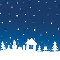 Winter night sky with snowfall over trees, house, snowman, sleigh with Christmas gift. New Year and Christmas concept Royalty Free Stock Photo