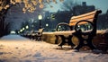 Winter night, snow covered bench under lantern lit tree generated by AI