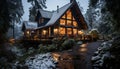 Winter night, snow covered forest, illuminated cottage window generated by AI