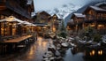 Winter night snow covered mountain, illuminated cottage, tranquil landscape generated by AI