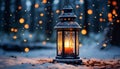 Winter night, snow glowing, lantern illuminates rustic tree decoration generated by AI Royalty Free Stock Photo