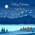 Winter night snow landscape with moon, mountains. Christmas and new year celebration. Greeting card with text.. Royalty Free Stock Photo