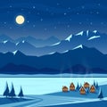 Winter night snow landscape with moon, mountains, hills, fir trees, cozy houses. Christmas and new year welcoming.