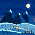 Winter night snow landscape with moon, mountains, hills, trees, cozy houses with lighted windows. Christmas and new year welcoming Royalty Free Stock Photo