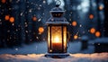 Winter night snowflakes glow, lanterns burn, celebrating the season generated by AI Royalty Free Stock Photo