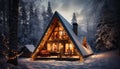 Winter night, snowing, illuminated cottage, rustic decoration, coniferous tree generated by AI