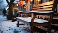 Winter night, snowing outdoors, illuminated lantern, tranquil scene generated by AI