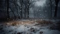 Winter night snowy forest, dark tree, frosty branch, mysterious beauty generated by AI Royalty Free Stock Photo