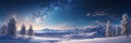 Winter night with starry sky, frost covered trees in a mountain forest