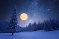 Winter night with starry sky and full moon