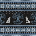 Winter night, Tree of life and howling wolves. Knitted woolen seamless pattern Royalty Free Stock Photo