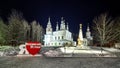 Winter night view ensemble of ancient orthodox churches in Veliky Ustyug