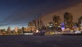 Winter night view from the ice of frozen lake Ontario on the sail ship caught in ice beside the waterfront in Downtown Royalty Free Stock Photo