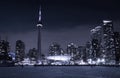 Winter night view from the ice of frozen lake Ontario on Toronto skyline in Downtown Toronto with skyscrapers with Royalty Free Stock Photo