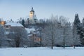 Winter night view at Nove Mesto nad Metuji, near Hradec Kralove, Czech republic. Panorama of the city with the castle Royalty Free Stock Photo