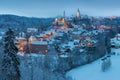 Winter night view at Nove Mesto nad Metuji, near Hradec Kralove, Czech republic. Panorama of the city with the castle Royalty Free Stock Photo